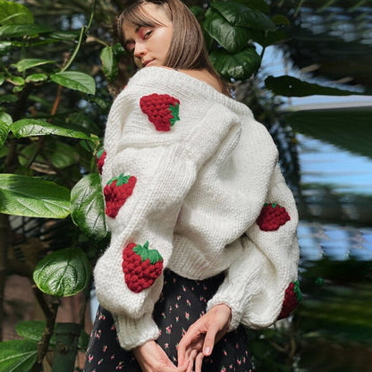 Aardbeien Vest | Zacht Gebreid Vest met Schattige Aardbeien Print
