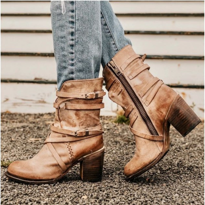 Dames enkellaarsjes van leer – Slouchy vintage look met gespen en blokhak