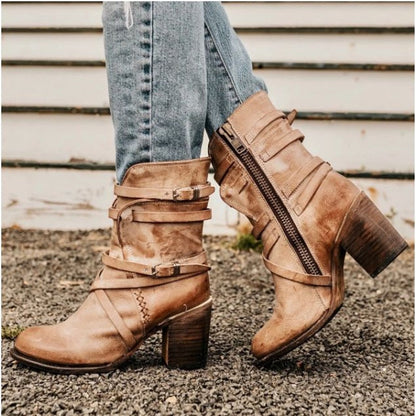 Dames enkellaarsjes van leer – Slouchy vintage look met gespen en blokhak