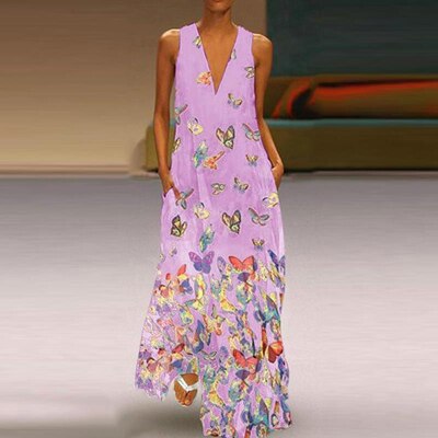 Mouwloze Zomerjurk Vlinderpatroon Maxi Jurk Malia