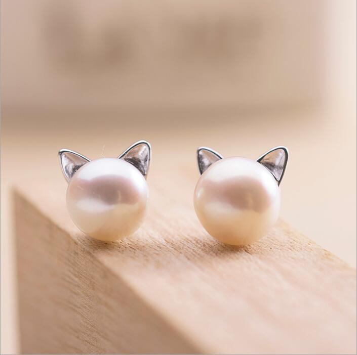 Katten Oorbellen Zilveren Parel Schattig