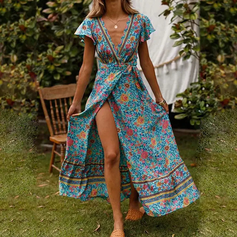 Vrouwelijke Maxi Jurk Zomerse Ruches Korte Mouwen V-Hals - Mode Vibes