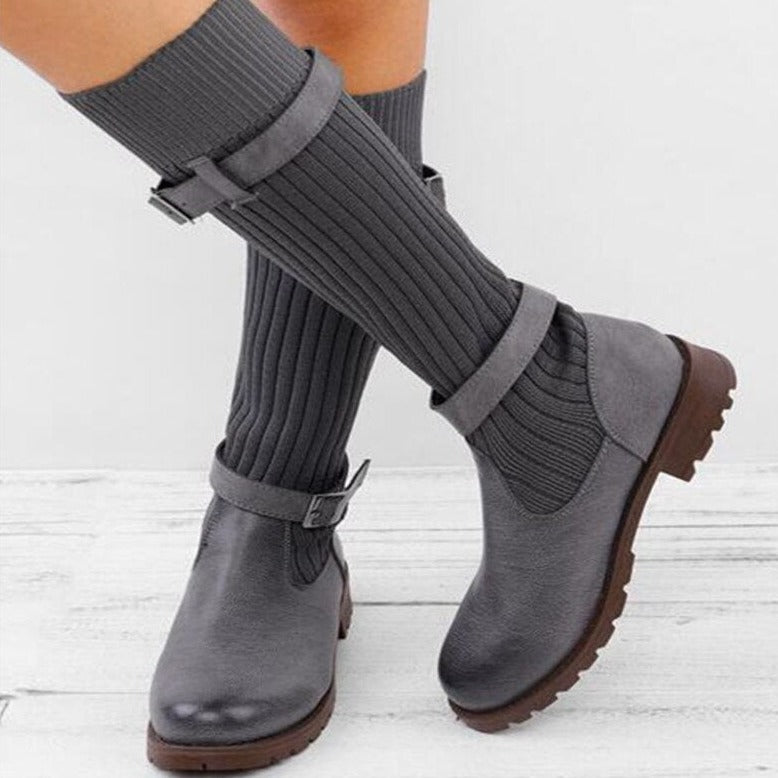 Dames Leren Laarzen Warm Gebreid Wol Winter