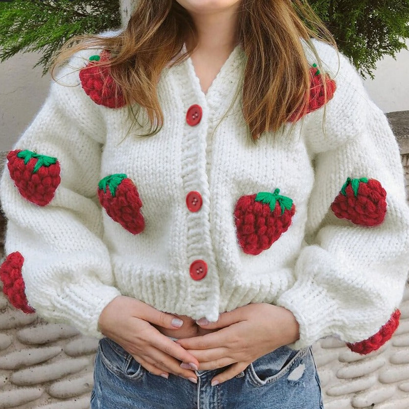 Aardbeien Vest | Zacht Gebreid Vest met Schattige Aardbeien Print