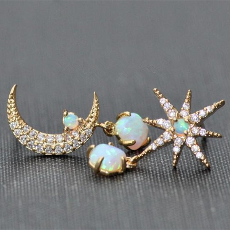 Opal Oorbellen Gouden Maan en Sterren Sieraden