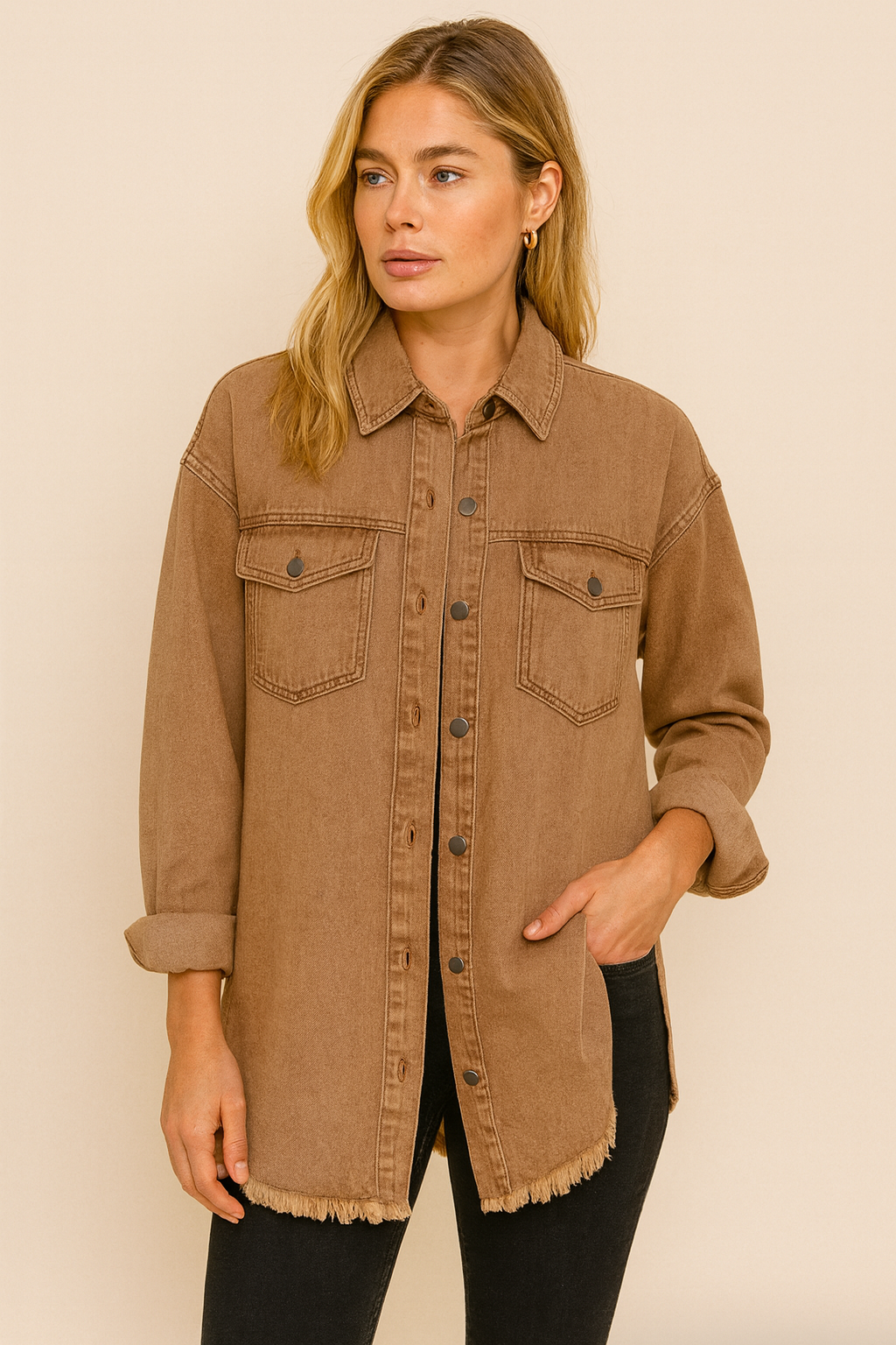 Dames Blouse Klassiek Denim Met Zakken Heather