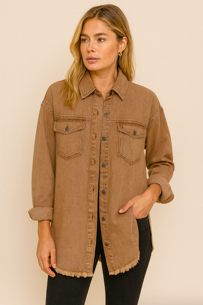 Dames Blouse Klassiek Denim Met Zakken Heather