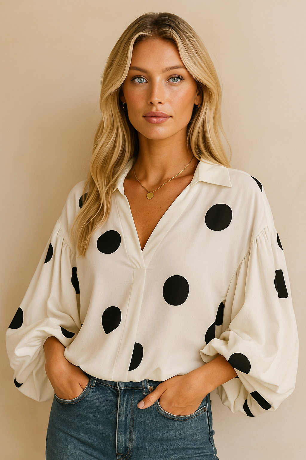 Dames Blouse met Ballon Mouwen en Grote Polka Dot Print