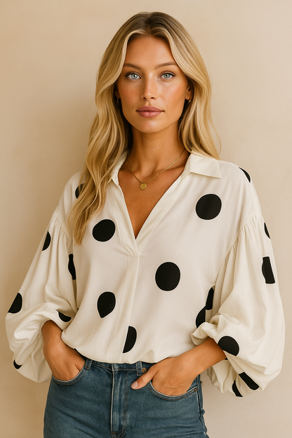 Dames Blouse met Ballon Mouwen en Grote Polka Dot Print
