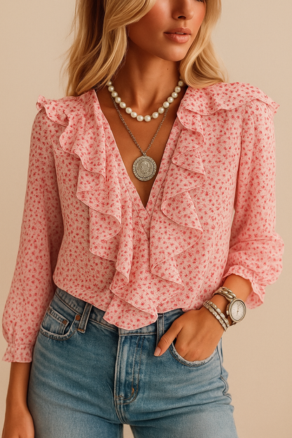 Vrouwen Bloes met Bloemenprint en Ruches Boho Stijl