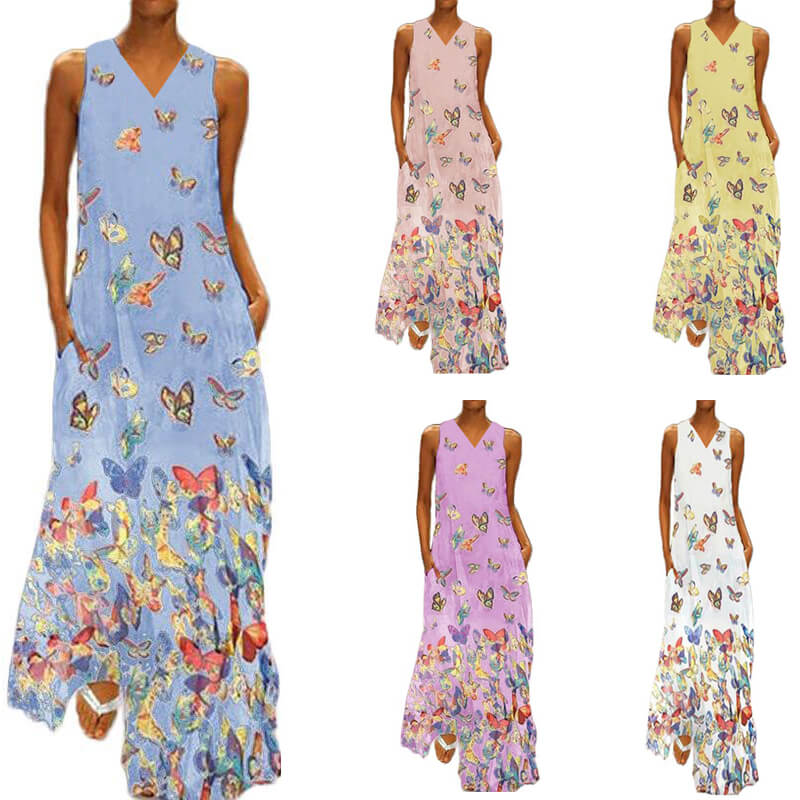 Mouwloze Zomerjurk Vlinderpatroon Maxi Jurk Malia