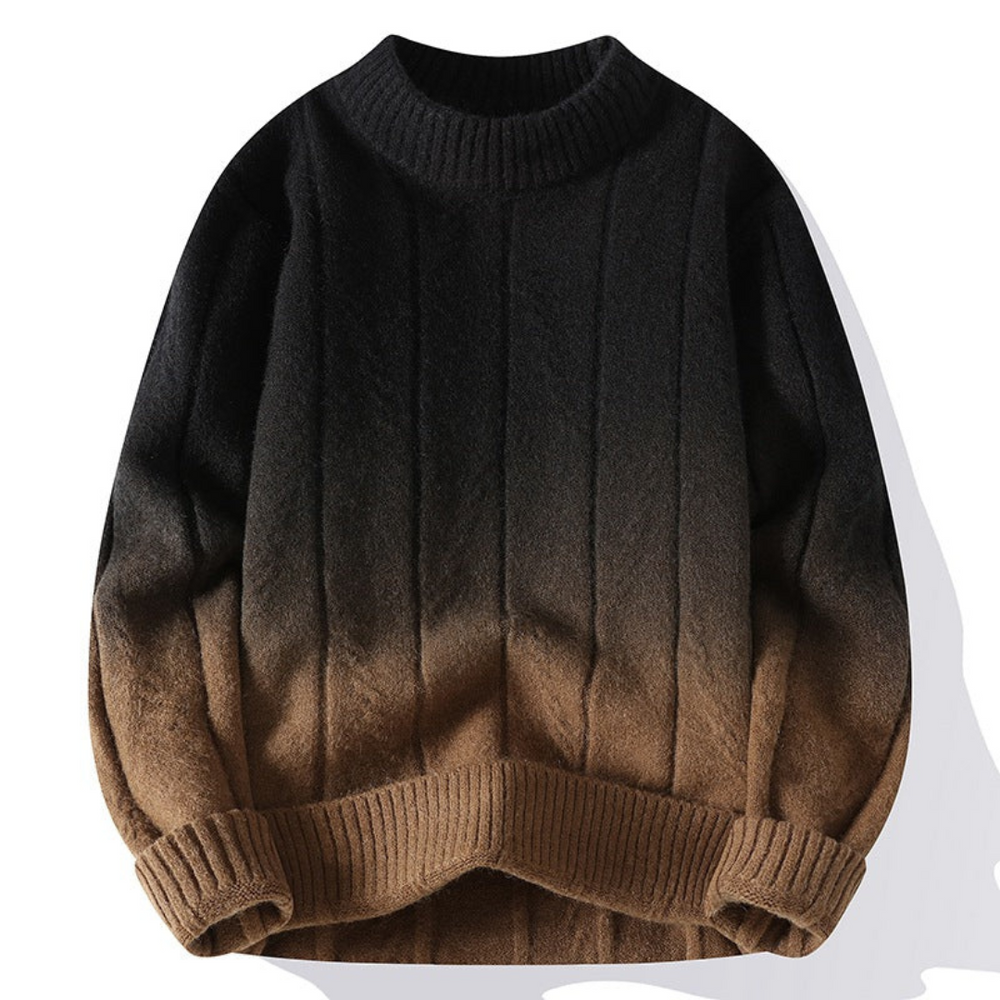 Vooraanzicht van de Haverton trui in een stijlvol zwart-naar-bruin kleurverloop. De trui heeft een verticaal gebreid patroon en een comfortabele, geribbelde hoge kraag en boorden. Ideaal voor een trendy en warme look tijdens de koudere maanden.