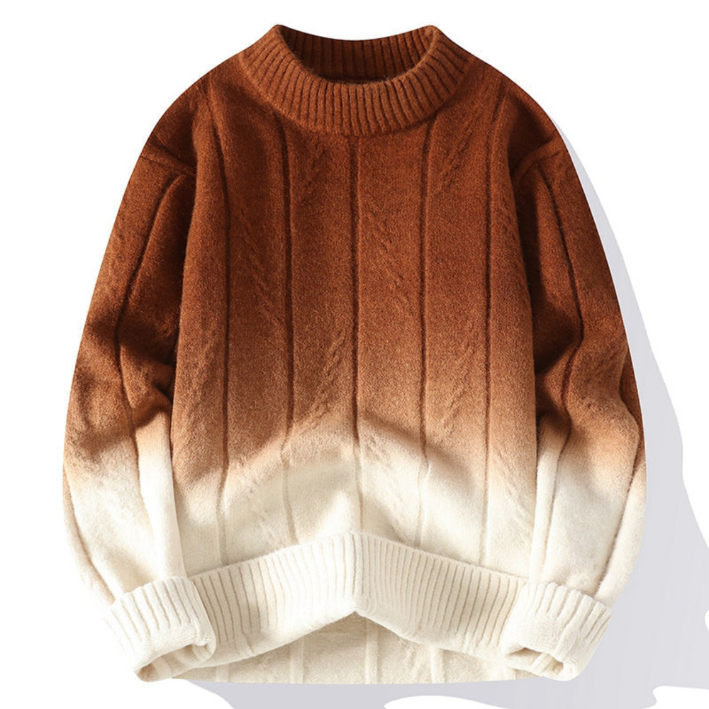 Vooraanzicht van de Haverton trui met een trendy kleurverloop van warm bruin naar crèmewit. De trui heeft een gebreid patroon, een comfortabele hoge kraag en geribbelde boorden. Perfect voor een stijlvolle en knusse uitstraling tijdens koude dagen.