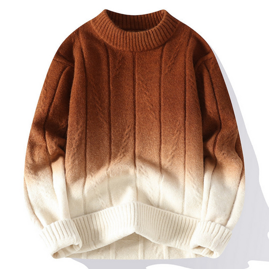 Vooraanzicht van de Haverton trui met een trendy kleurverloop van warm bruin naar crèmewit. De trui heeft een gebreid patroon, een comfortabele hoge kraag en geribbelde boorden. Perfect voor een stijlvolle en knusse uitstraling tijdens koude dagen.