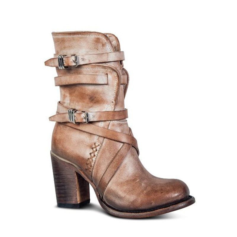 Dames enkellaarsjes van leer – Slouchy vintage look met gespen en blokhak
