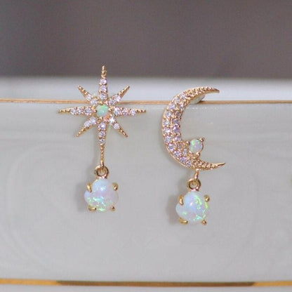 Opal Oorbellen Gouden Maan en Sterren Sieraden