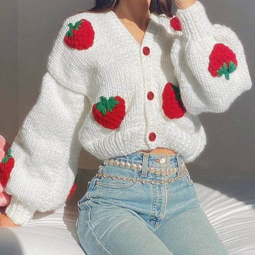 Aardbeien Vest | Zacht Gebreid Vest met Schattige Aardbeien Print