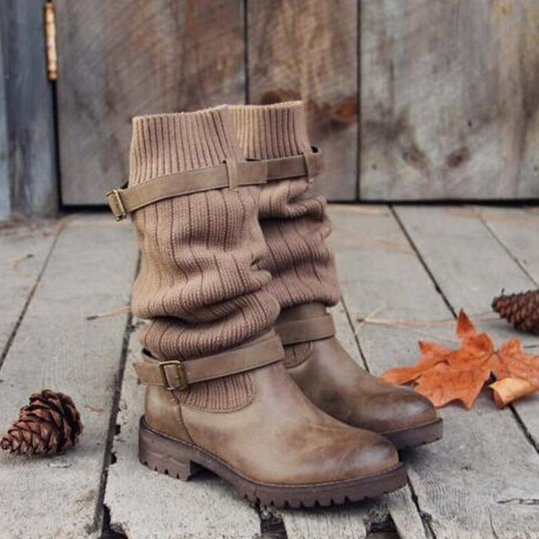 Dames Leren Laarzen Warm Gebreid Wol Winter