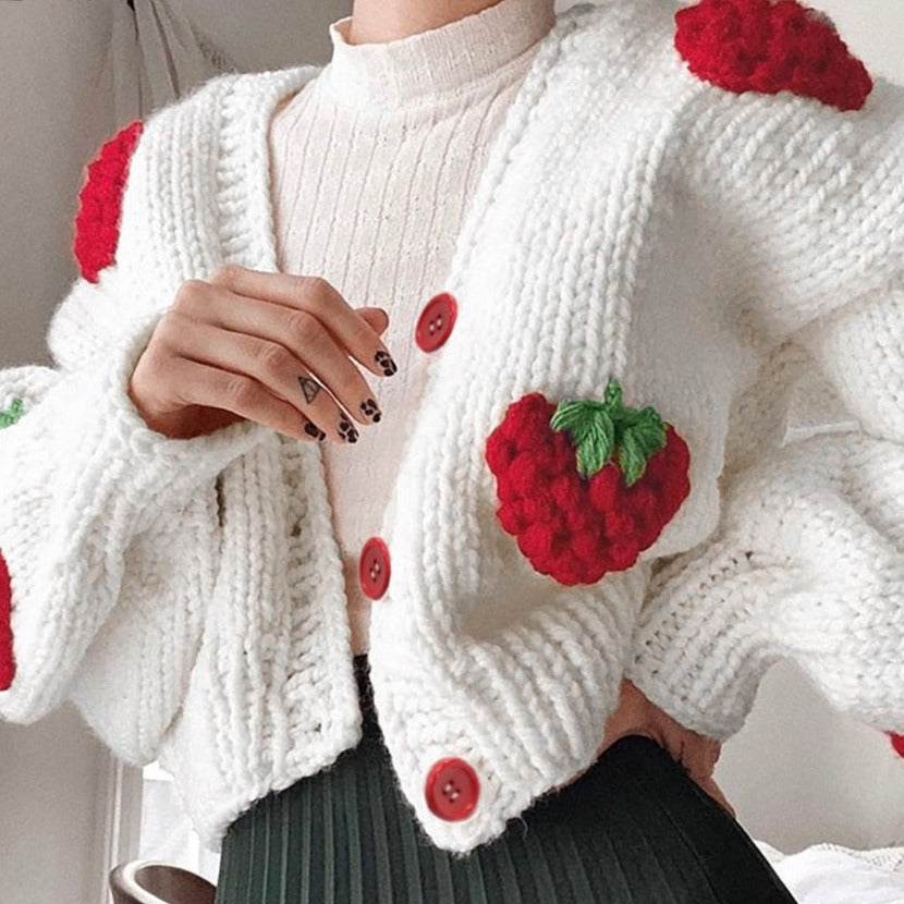 Aardbeien Vest | Zacht Gebreid Vest met Schattige Aardbeien Print - Mode Vibes