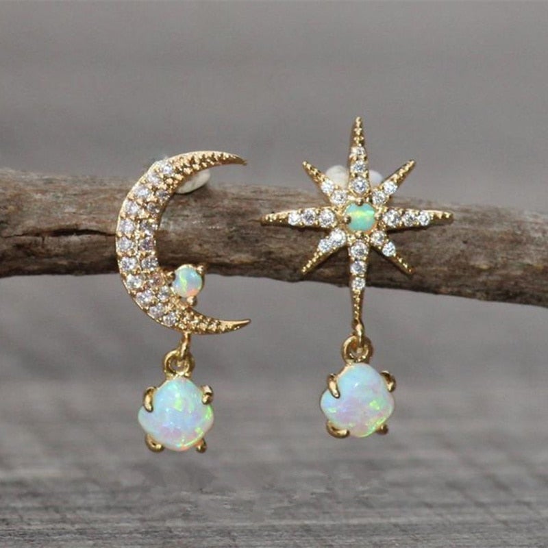 Opal Oorbellen Gouden Maan en Sterren Sieraden