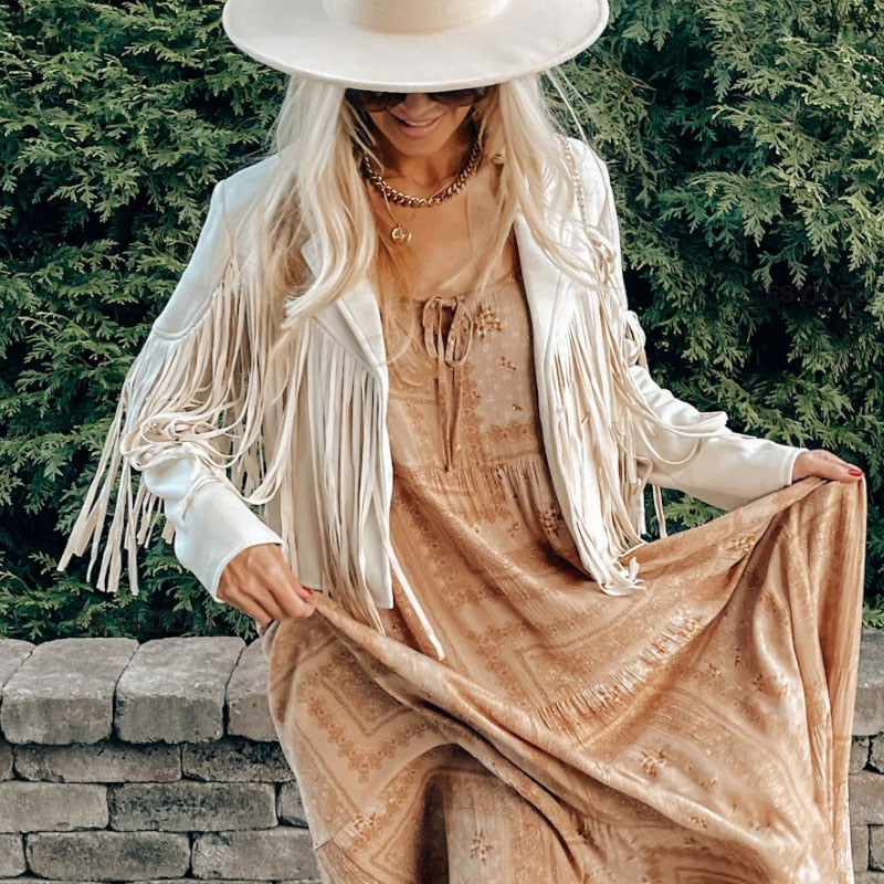 VELANORA- suède jas met franjes - Dames vest met kwastjes voor een trendy outfit