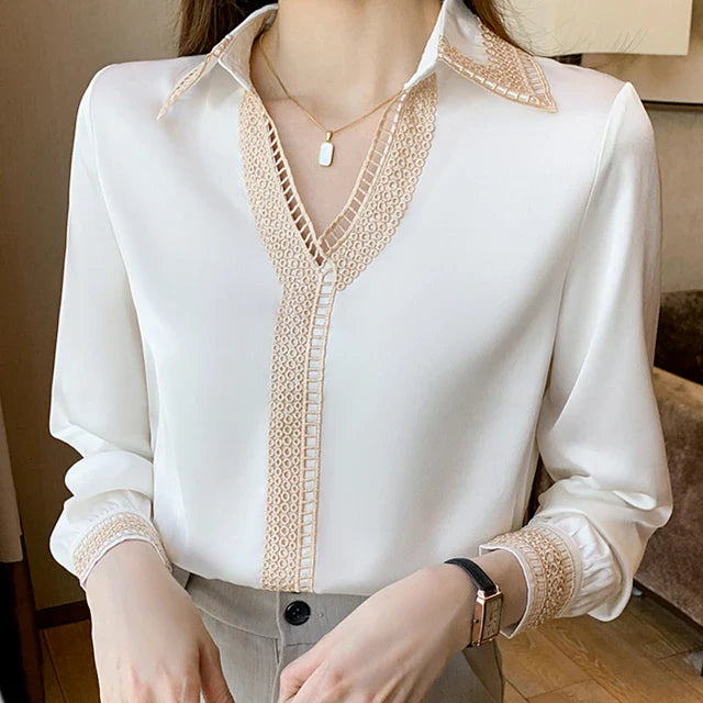 Herfst Elegantie: Witte Chiffon Blouse met Lange Mouwen