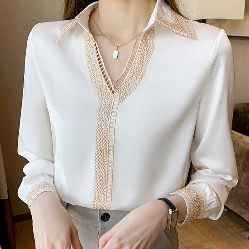 Herfst Elegantie: Witte Chiffon Blouse met Lange Mouwen
