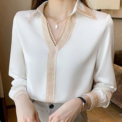Herfst Elegantie: Witte Chiffon Blouse met Lange Mouwen