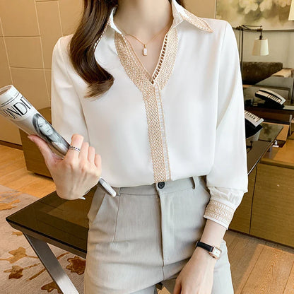 Herfst Elegantie: Witte Chiffon Blouse met Lange Mouwen