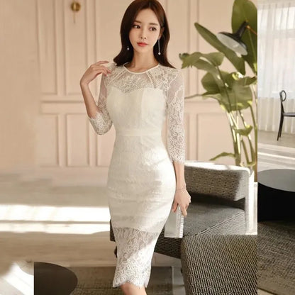 Dazzling Lace Feestjurk Dames Nieuwe 2024 Lente Koreaanse Stijl Achterloos Elegant Slank Dames Knielengte Bodycon Jurken W1553