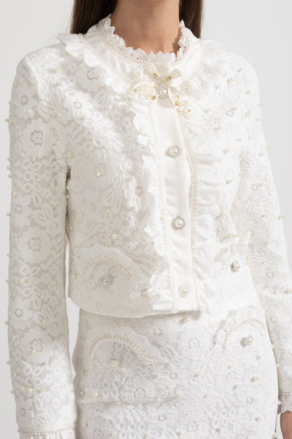 Elegant Tweedelig Ensemble met Parelversieringen – Wit