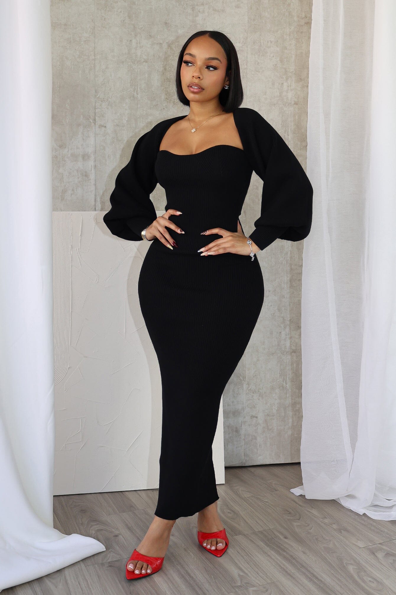 Elegante Midi Jurk Lange Mouwen voor Vrouw - Mode Vibes