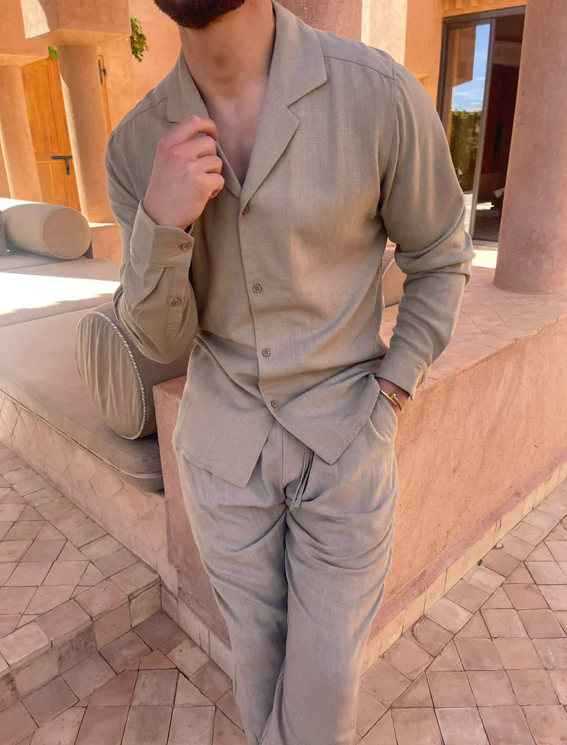 Olijfgroene Linnen Set Heren Shirt en Broek