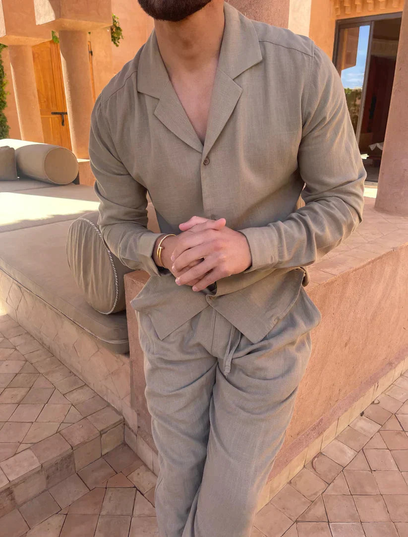Olijfgroene Linnen Set Heren Shirt en Broek - Mode Vibes