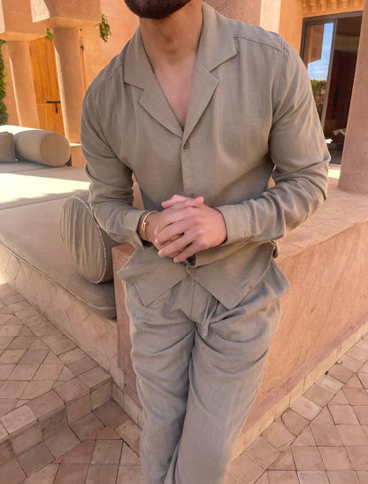 Olijfgroene Linnen Set Heren Shirt en Broek - Mode Vibes