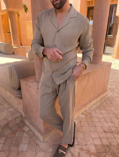 Olijfgroene Linnen Set Heren Shirt en Broek