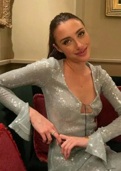 Mintgroene Glitter Jurk Lange Mouwen Dames