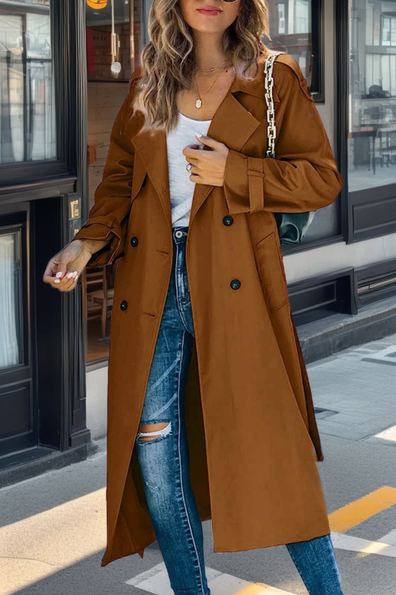 Dames Trenchcoat Zwart Ademend Polyester Dubbele Knopen