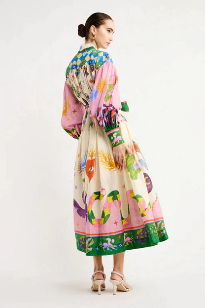 Babette - Pitkä vintage-kuvioitu mekko - Ainutlaatuinen tyyli-Mekot-EmiyoSuomi