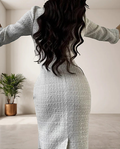 Witte Jurk met Ronde Hals en Tweed Effect