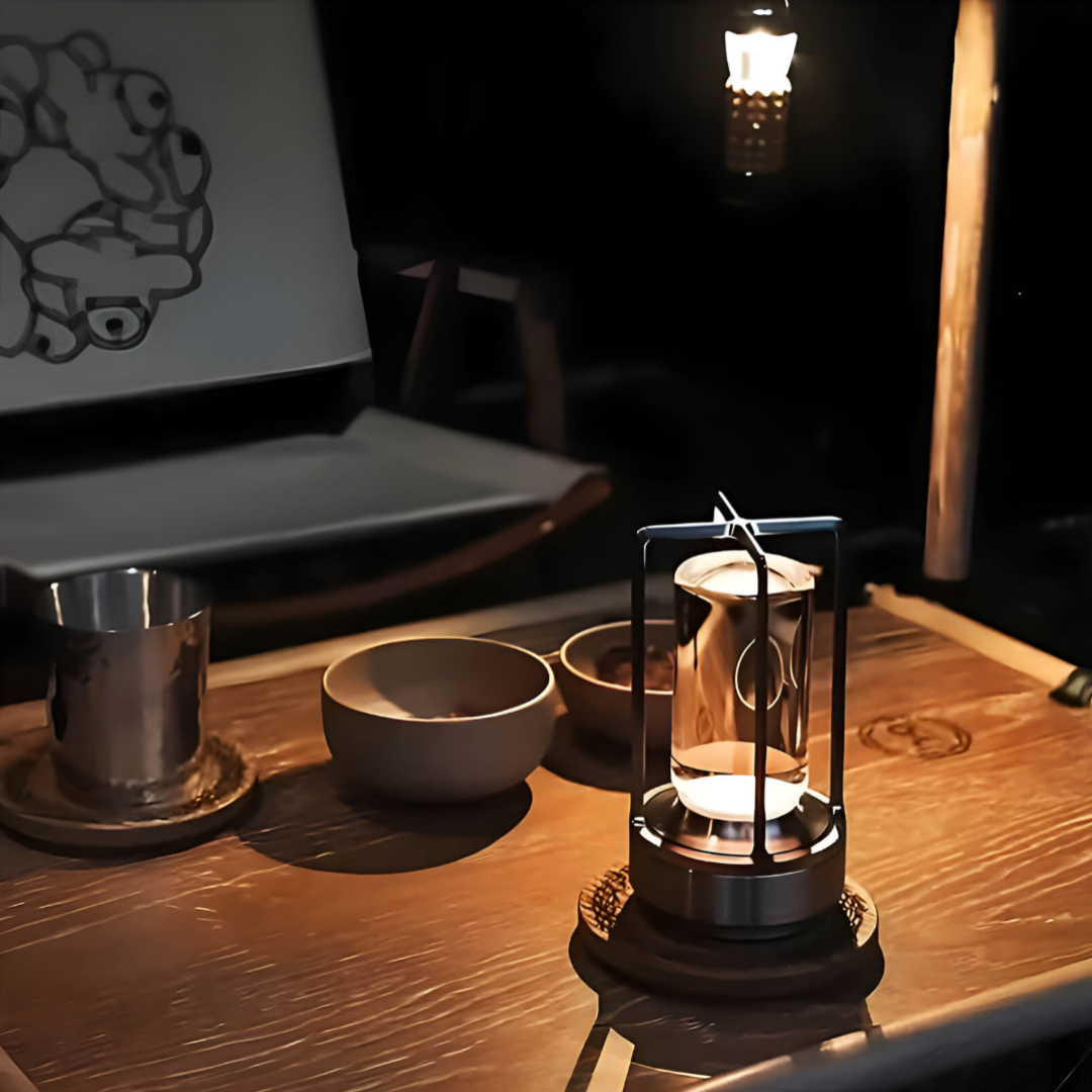 De afbeelding toont de Jovien Lamp, een slanke en stijlvolle waterbestendige lantaarn, die zachtjes gloeit op een houten tafel in een gezellige sfeer. De lamp heeft een glazen behuizing in een minimalistisch metalen frame, met een warm licht dat de omringende ruimte verlicht. In de buurt staan een plant en keramische schalen die bijdragen aan de serene, natuurlijke omgeving en die de veelzijdigheid en warme, uitnodigende gloed van de lamp benadrukken.