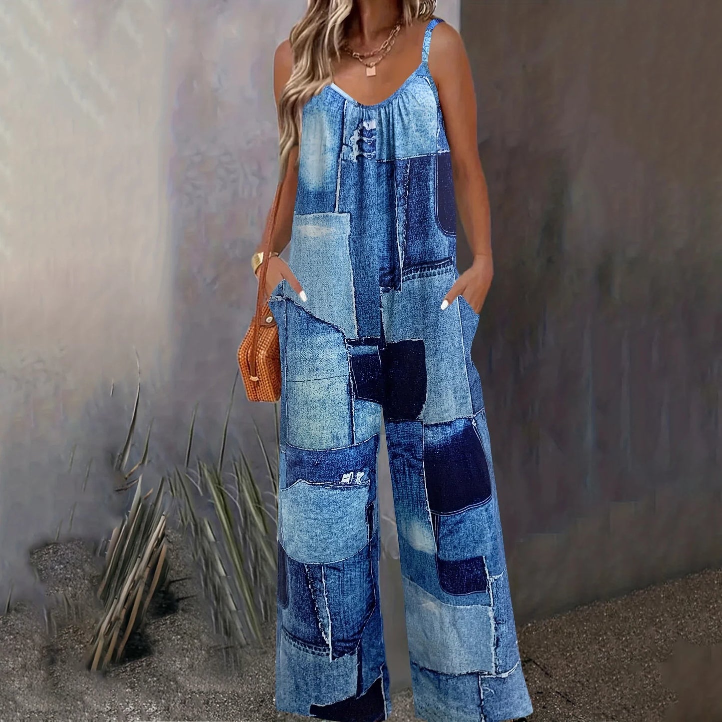 Denimprint Jumpsuit met Wijde Pijpen