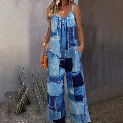 Denimprint Jumpsuit met Wijde Pijpen