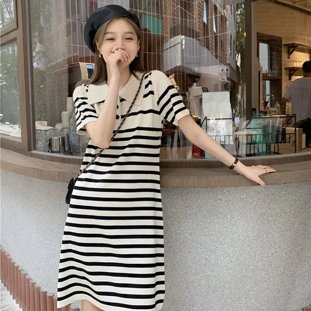 ChicAllure Gestreepte Knit Jurk met Kraag