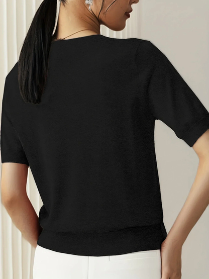 Vrouwelijke Top Korte Mouwen Ronde Hals Fijngebreid