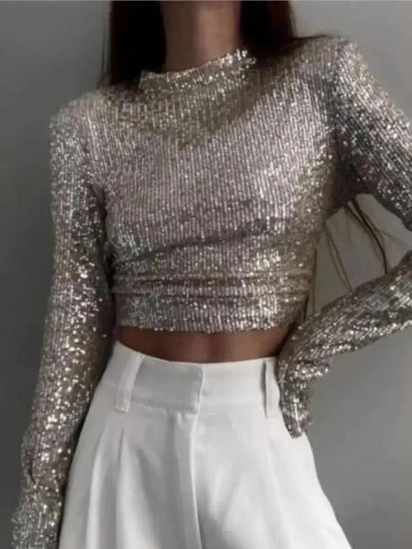 Karolin | Top corto a maniche lunghe decorato con paillettes