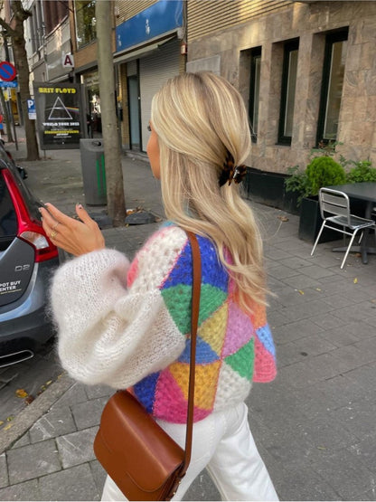 Kleurrige Patchwork Cardigan voor Dames – Zachte Gebreide Trui voor Herfst en Winter