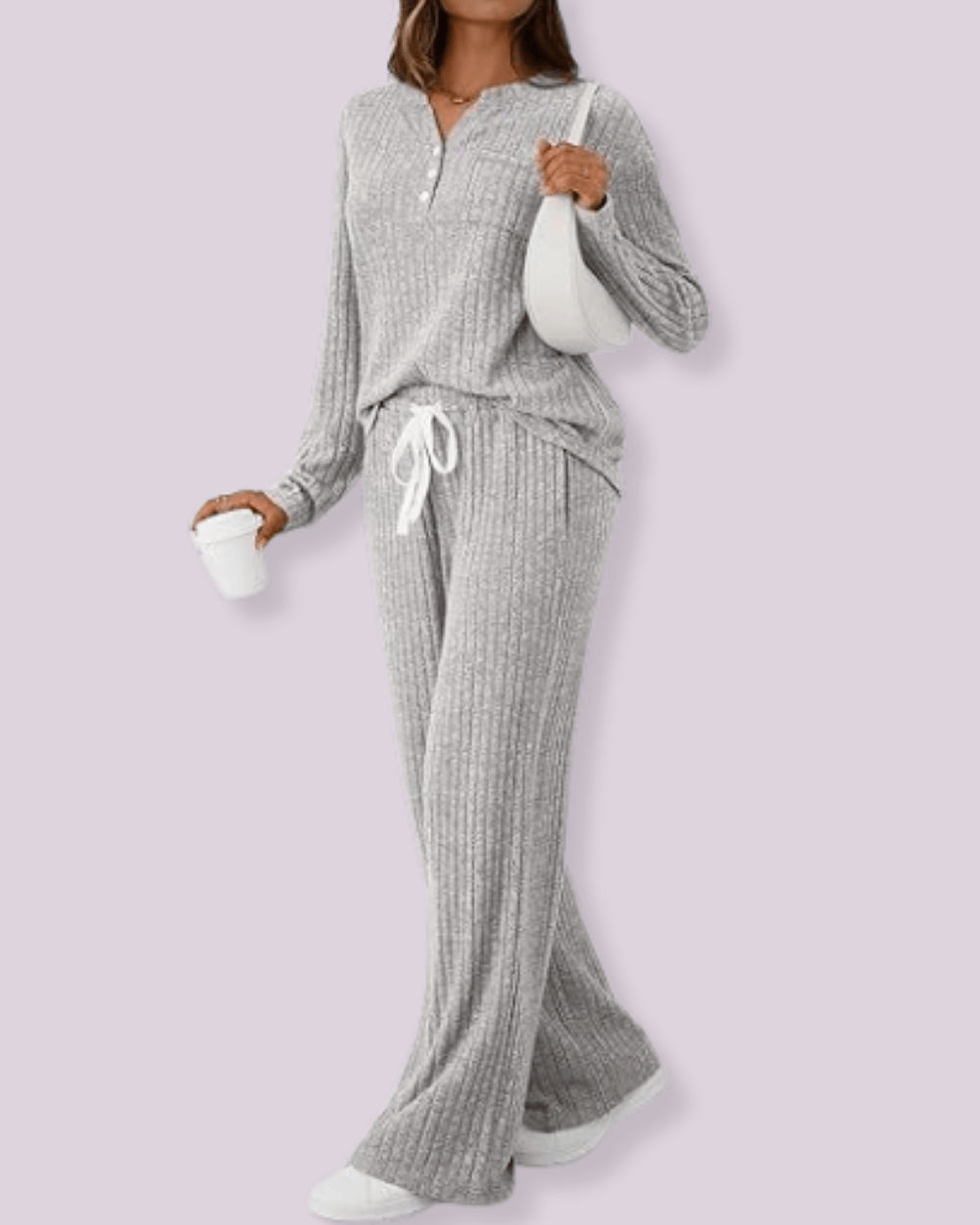 Dames Gebreide Henley en Broek Set Comfortabel - Mode Vibes
