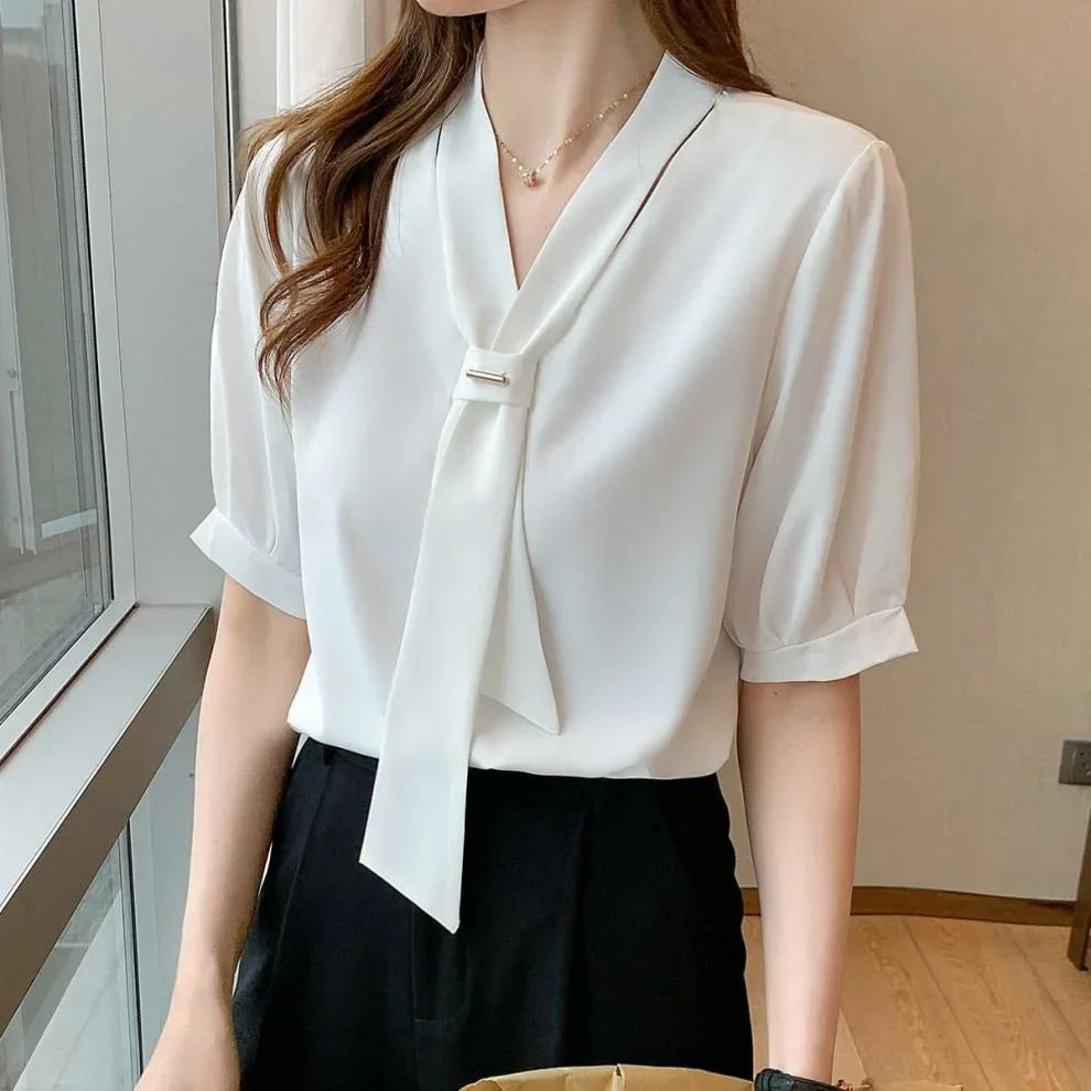 Stijlvolle Koreaanse Strik Dames Blouse met Korte Mouwen