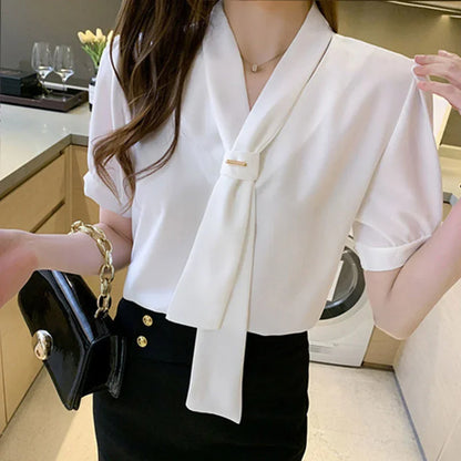 Stijlvolle Koreaanse Strik Dames Blouse met Korte Mouwen